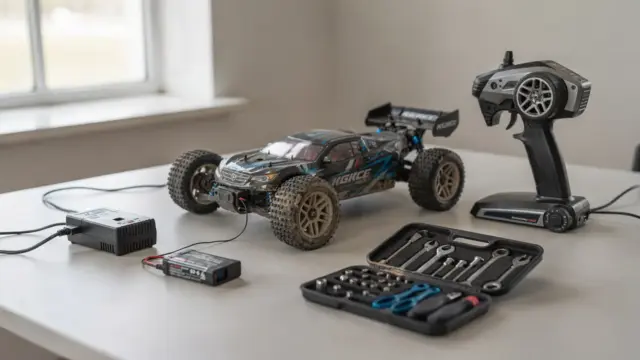 RC Autos für Anfänger mit Fernsteuerung, Akku, Ladegerät und Zubehör auf einem Tisch