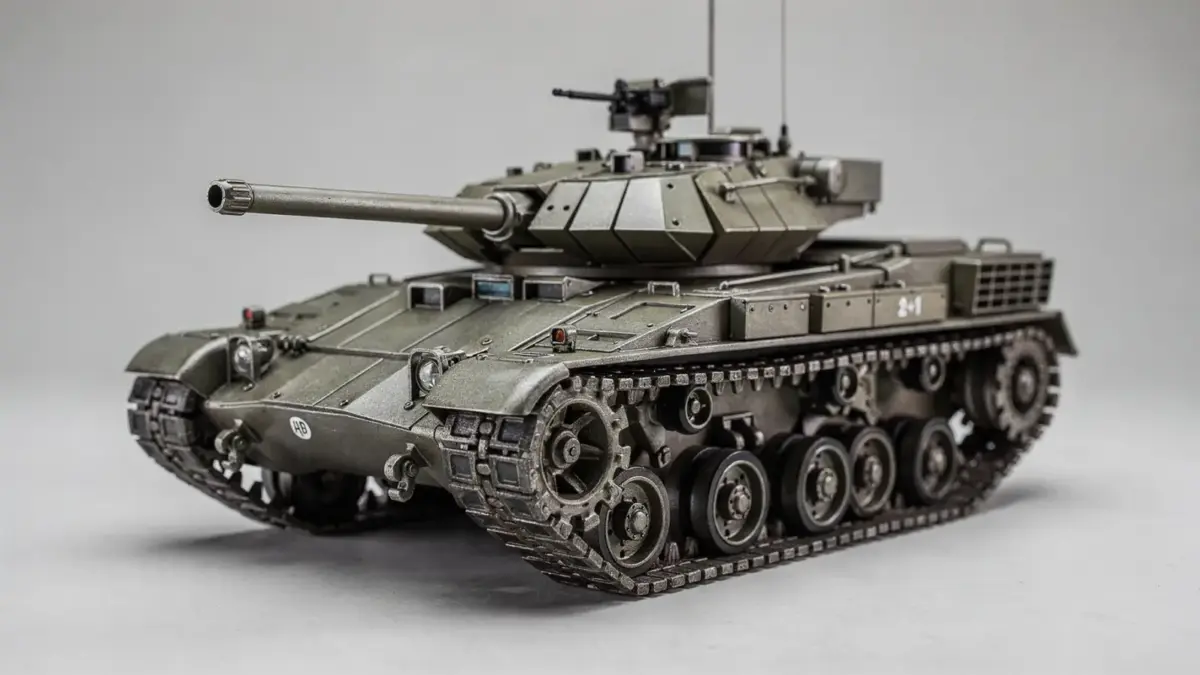 RC-Panzer mit Metallketten auf neutralem Untergrund als Modell zum Thema des Artikels.