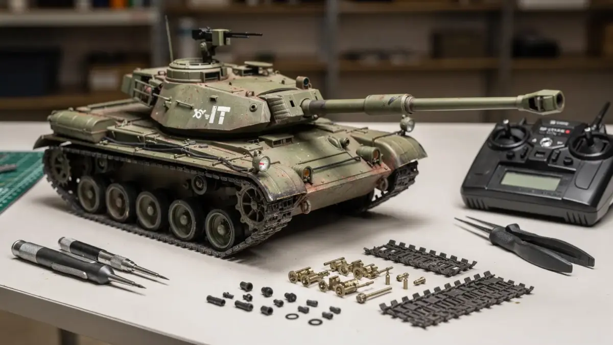 RC Panzer Funktionsmodell auf Werkbank mit Fernsteuerung, Werkzeug und Ersatzteilen.