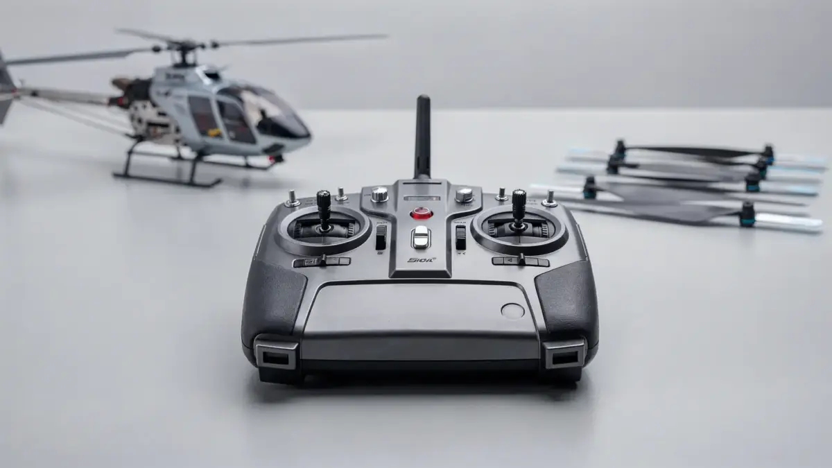RC-Helikopter-Fernsteuerung neben Modellhubschrauber und Rotorblättern