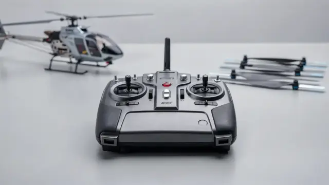 RC-Helikopter-Fernsteuerung neben Modellhubschrauber und Rotorblättern
