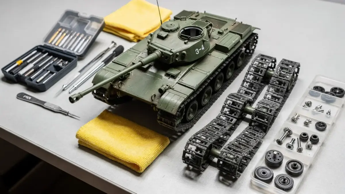RC-Panzer bei der Wartung auf einer Werkbank mit Werkzeug und Ersatzteilen