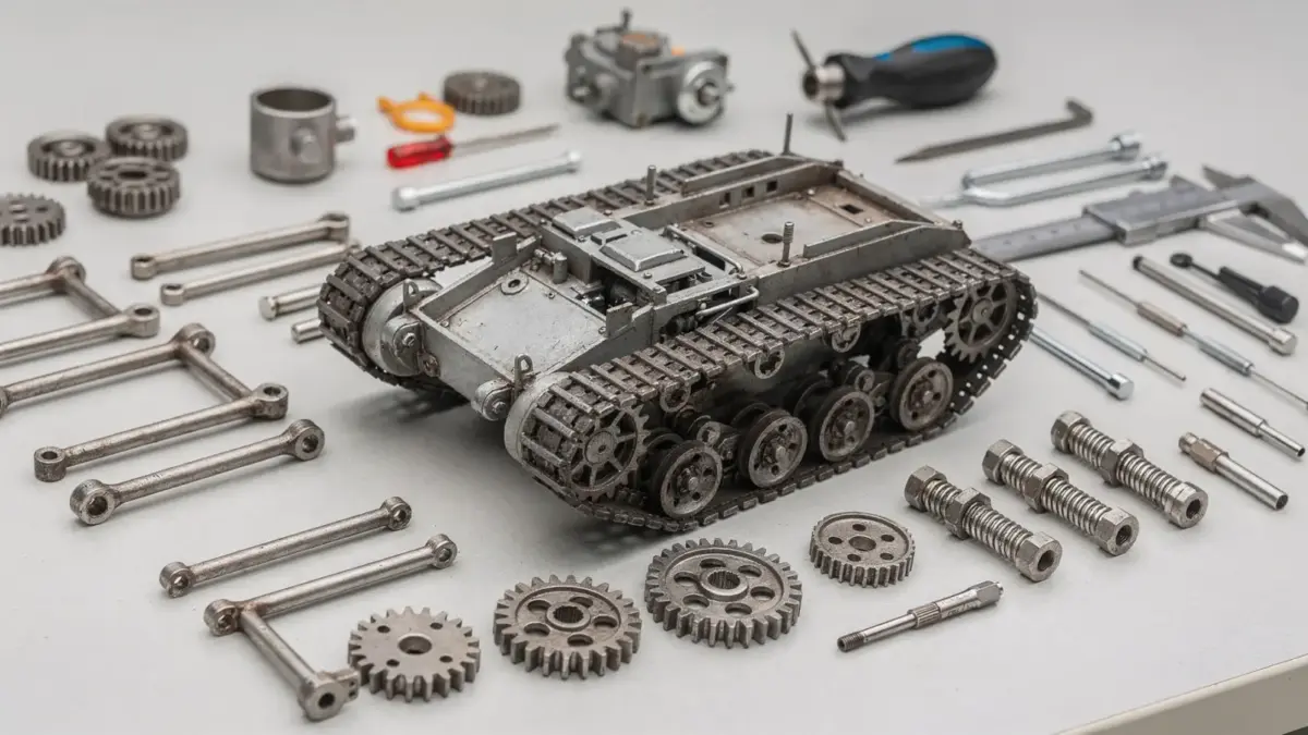 RC-Panzer-Tuning mit Fahrwerk, Antrieb und Ersatzteilen auf einer Werkbank