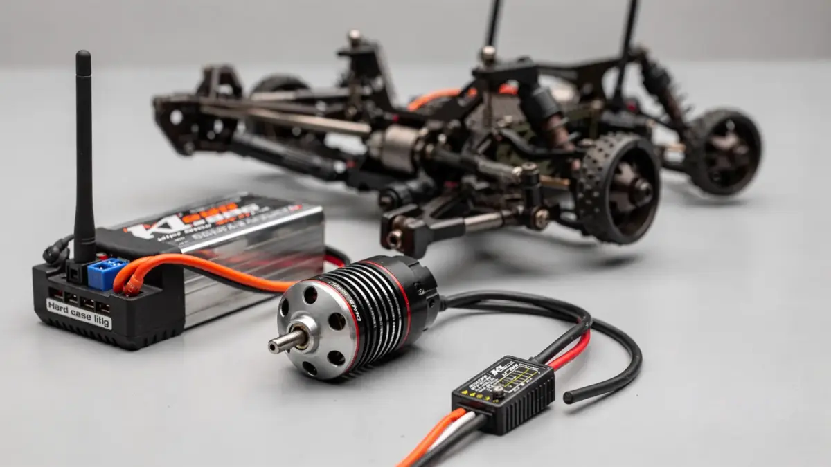 Brushless-Antrieb für RC Autos mit Motor, Regler und Chassis auf Werkbank
