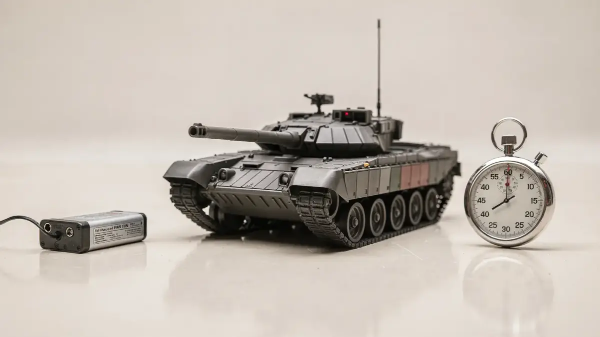 RC-Panzer mit Akku und Stoppuhr zur Akkulaufzeit-Messung