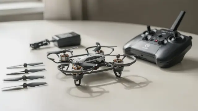 RC Drohne für Einsteiger mit Fernsteuerung, Ersatzpropellern und Ladegerät auf einem Tisch