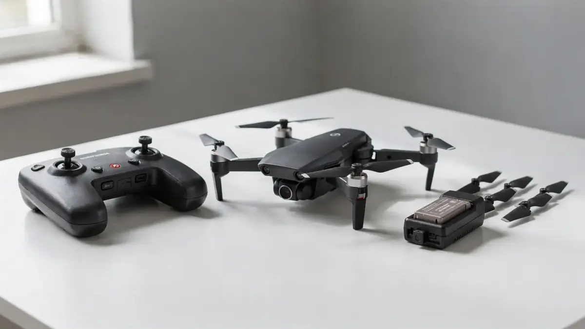 RC-Drohne kaufen: Quadrocopter, Fernsteuerung und Zubehör für Einsteiger auf einem Tisch