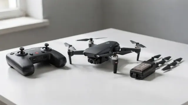 RC-Drohne kaufen: Quadrocopter, Fernsteuerung und Zubehör für Einsteiger auf einem Tisch