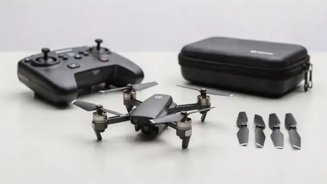 Kompakte RC-Drohne unter 250 g mit Fernsteuerung und Zubehör auf einem Tisch