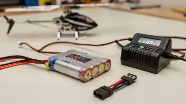 RC-Helikopter-Akku mit Ladegerät und Modellhubschrauber auf der Werkbank