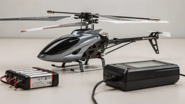 RC-Helikopter mit Akku und Ladegerät auf Werkbank zum Thema Flugzeit
