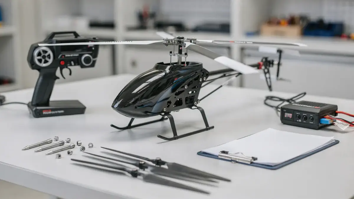 RC-Hubschrauber, Fernsteuerung und Checkliste zur Sicherheit und Prüfung vor dem Flug