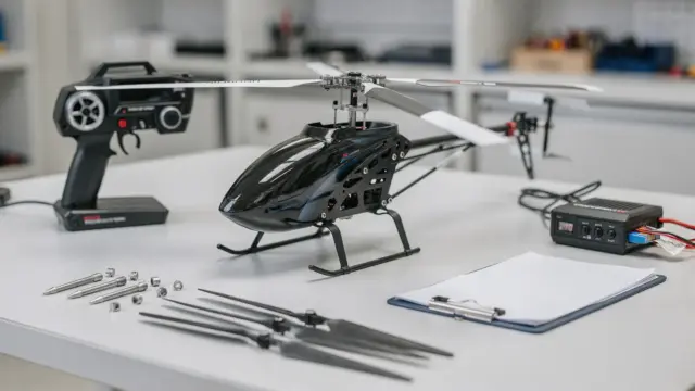 RC-Hubschrauber, Fernsteuerung und Checkliste zur Sicherheit und Prüfung vor dem Flug