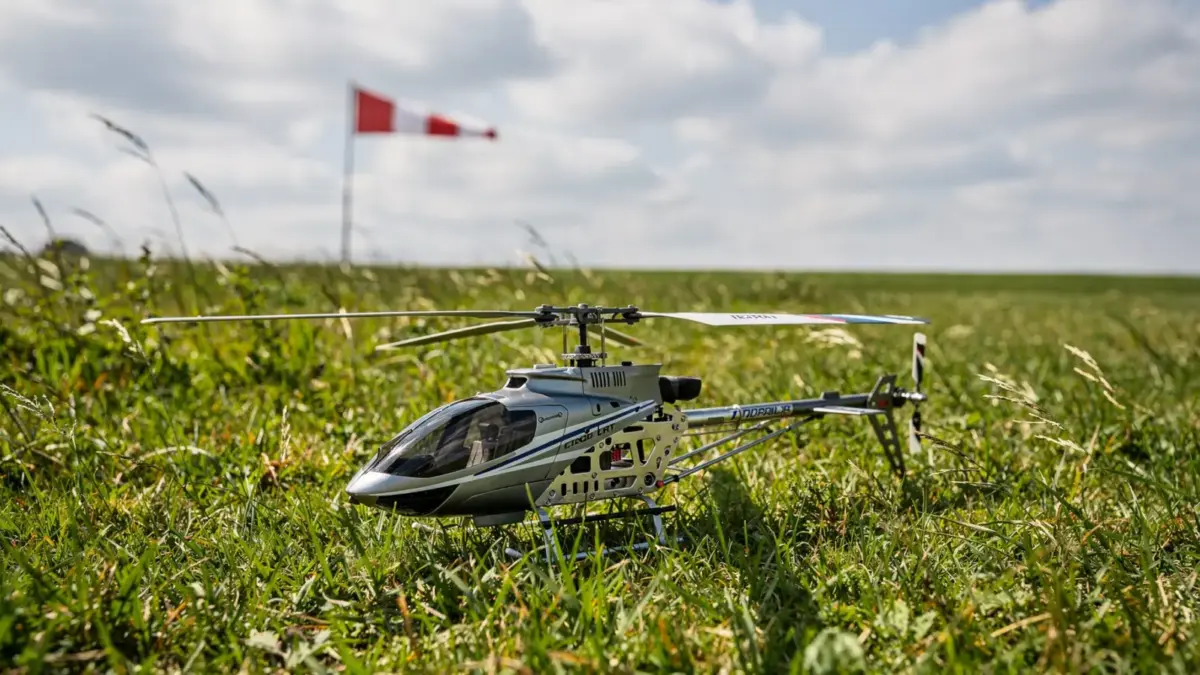 RC-Helikopter auf einer Wiese bei wechselhaftem Wetter als Beispiel für passende Flugbedingungen