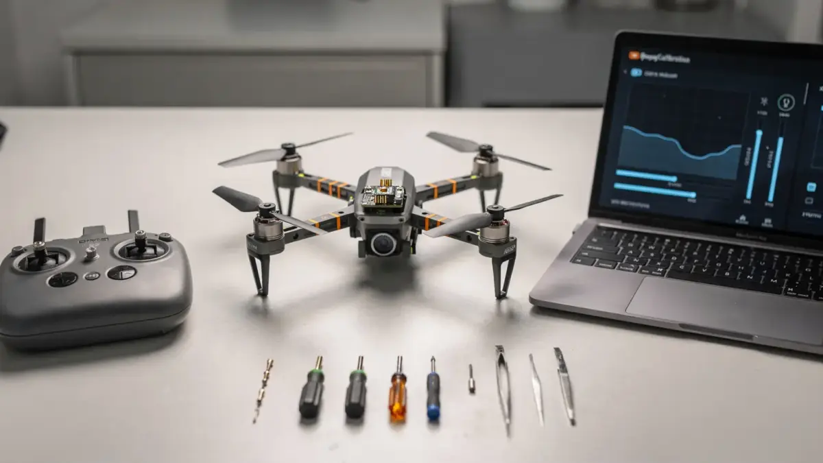 RC-Drohne mit Fernsteuerung und Laptop für die Kalibrierung von Sensoren und Steuerung