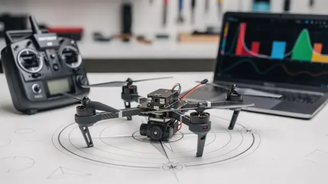 RC-Drohne auf Werkbank mit Sender und Diagnose-Equipment zur Kalibrierung und Drift-Analyse