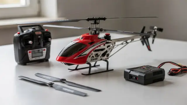 RC Helikopter für Anfänger auf einem Werkstatt-Tisch mit Sender und Zubehör