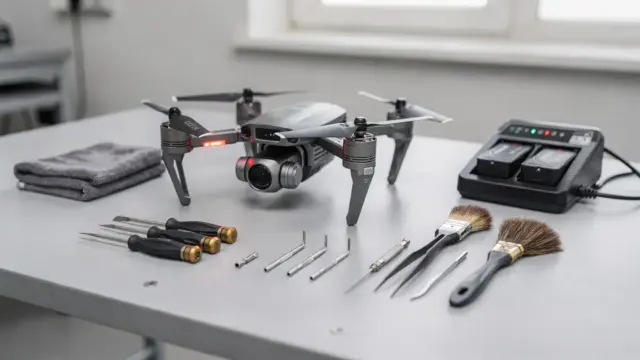 RC-Drohne bei der Wartung auf einem Werkbench mit Reinigungswerkzeug und Akku-Ladegerät