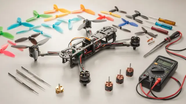 RC-Drohne reparieren: geöffnete Drohne mit Ersatzteilen und Werkzeug auf dem Werktisch