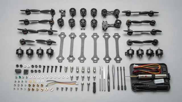 RC-Drohnen-Ersatzteile wie Propeller, Motoren und Rahmenbauteile auf einer Werkbank