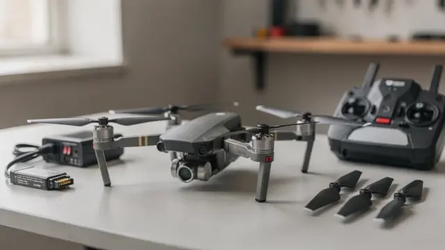 RC-Drohne mit Akku und Ladegerät auf Werkbank zum Thema Flugzeit