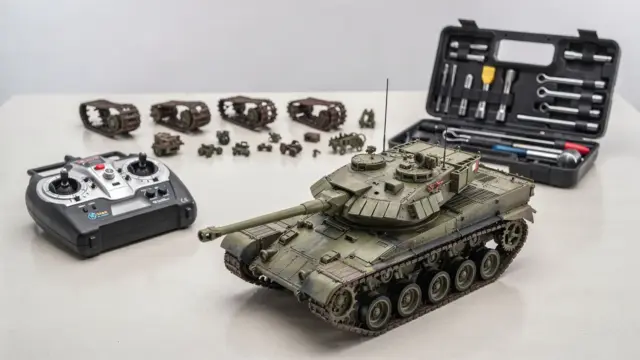 RC Panzer mit Fernsteuerung und Zubehör auf einer Werkbank zum Thema RC Panzer kaufen