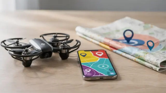 RC-Drohne neben Karte und Smartphone mit Flugverbotszonen zum Thema Flugregeln