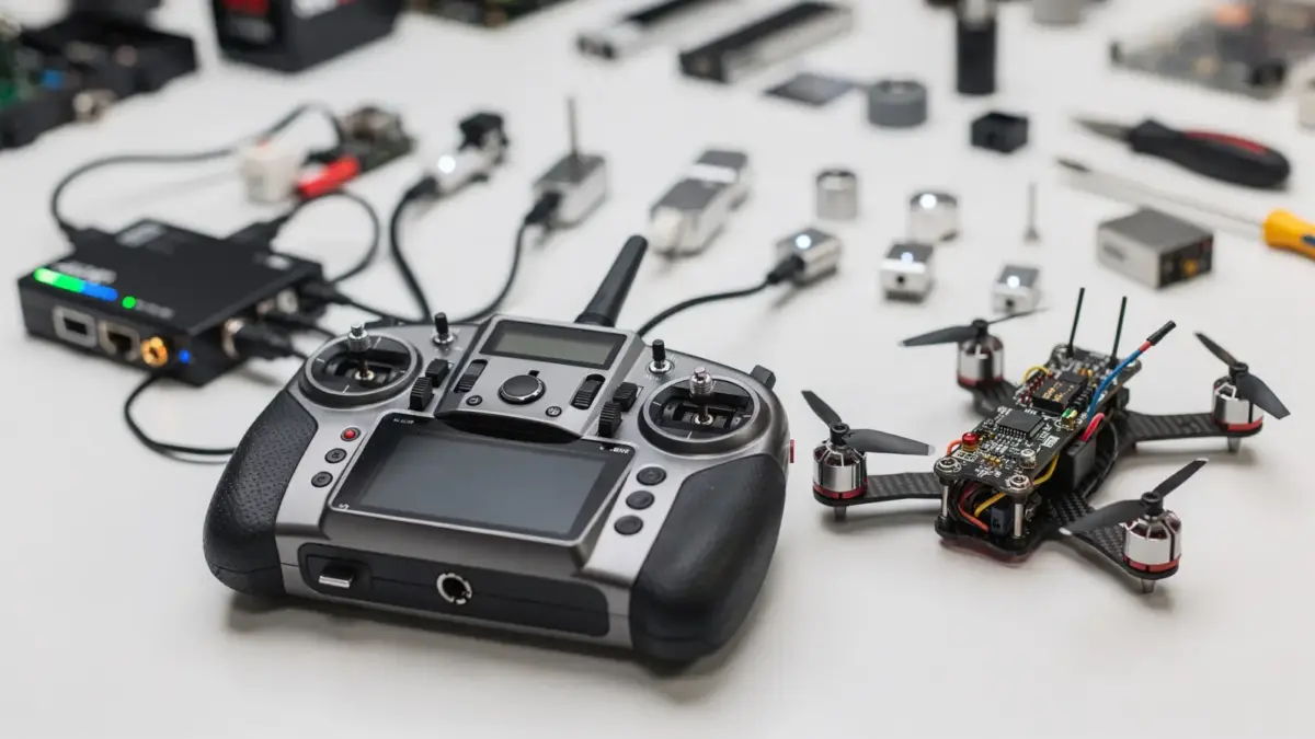 RC-Drohne mit Telemetrie-Modul, Fernsteuerung und Sensoren zur Datenanzeige und Auswertung