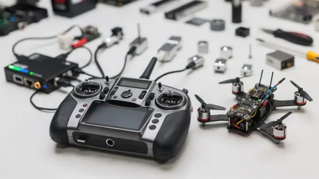 RC-Drohne mit Telemetrie-Modul, Fernsteuerung und Sensoren zur Datenanzeige und Auswertung