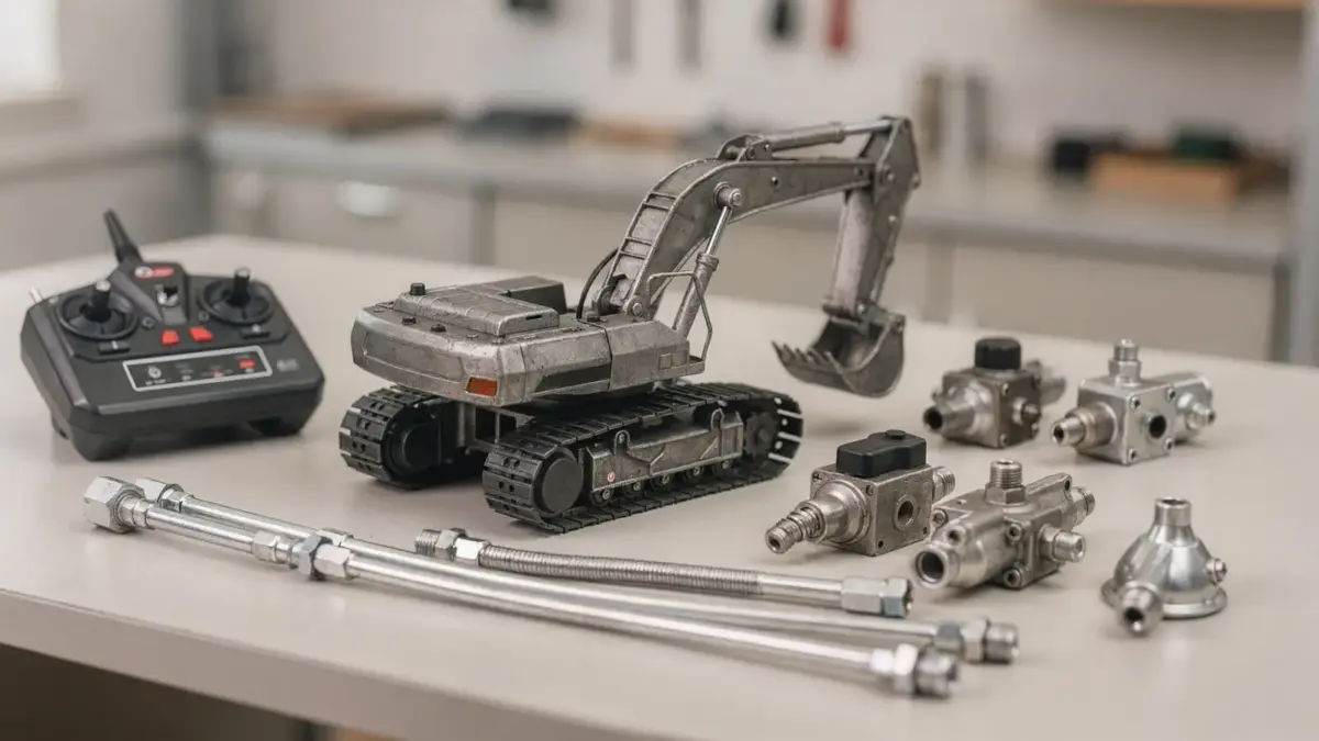 RC-Baumaschine mit Hydraulik auf Werkbank mit Fernsteuerung, Schläuchen und Modellteilen
