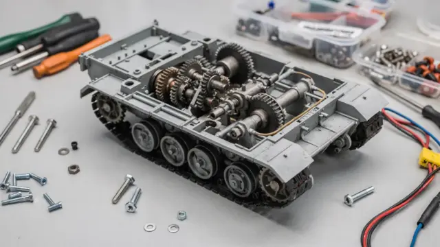 RC-Panzer-Getriebe auf der Werkbank zur Diagnose von Getriebeverschleiß