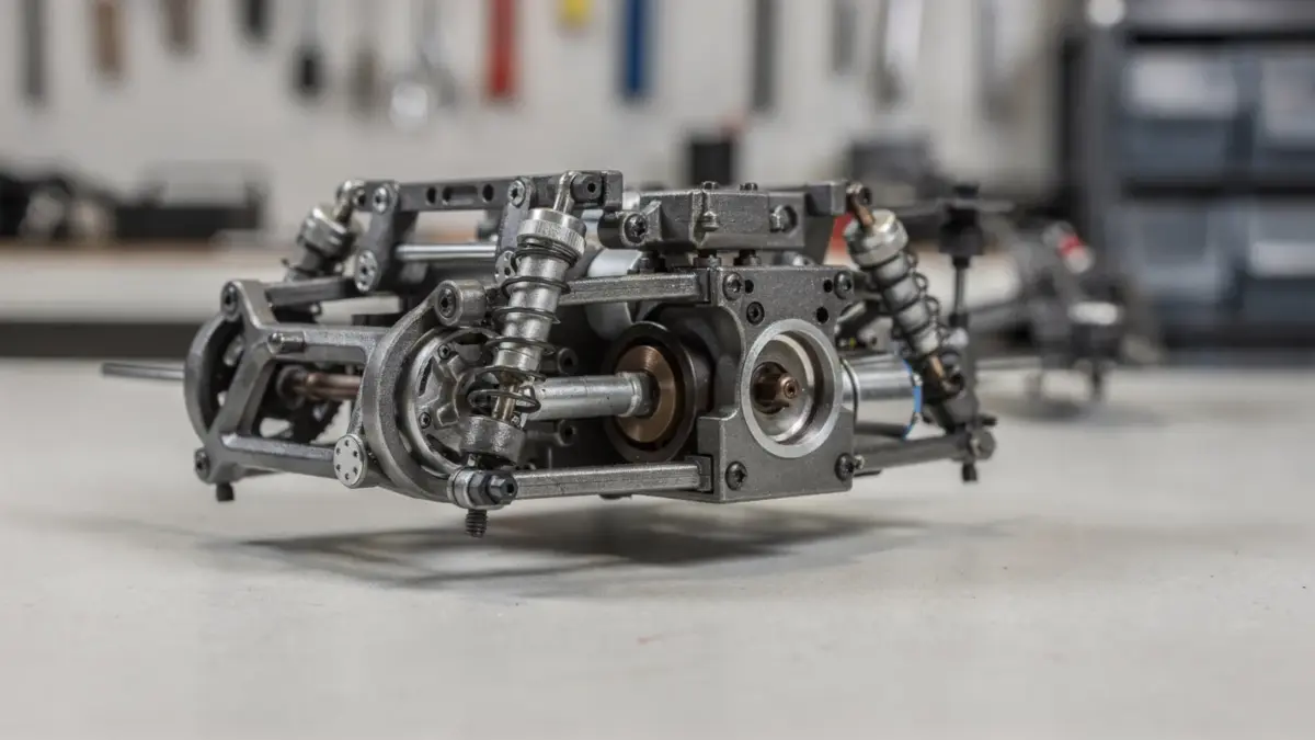 RC-Sonderfahrzeug mit Sonderlenkung und Sonderantrieb als technisches Modell auf einer Werkbank