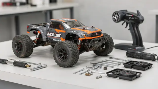 RC Truck Sondermodell mit Fernsteuerung und Technik auf Werkbank zum Thema seltene Vorbildtypen und Kaufkriterien