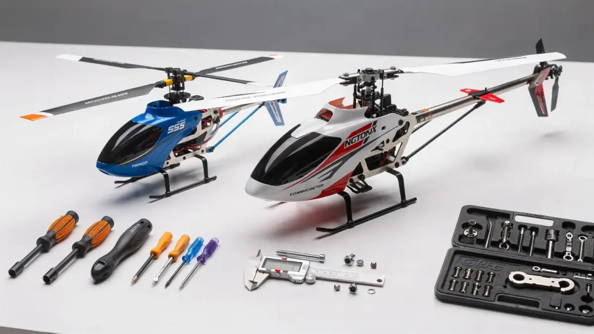 Koaxial- und Collective-Pitch-RC-Helikopter auf Werkbank zum Thema Unterschied bei RC-Helikoptern