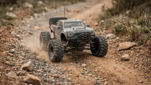 RC Truck im Gelände auf einem schottrigen Outdoor-Trail mit großen Reifen und Federung