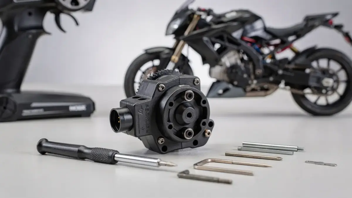 RC Motorrad Gyro auf Werkbank neben RC-Motorrad, Sender und Werkzeug zur Einstellung
