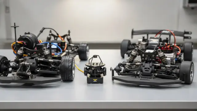 RC Motorrad und RC Auto im Vergleich: Fahrdynamik, Stabilisierung und Technik auf einem Werkstatttisch