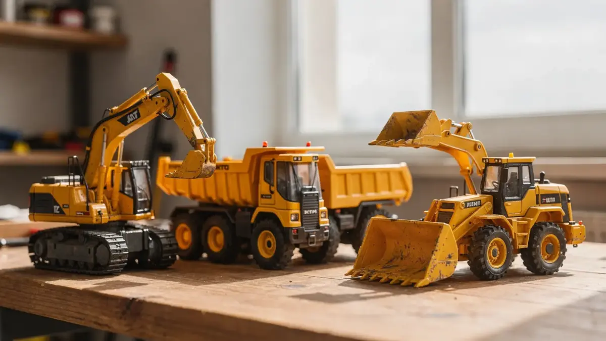 Mehrere RC Baumaschinen auf einem Tisch: Bagger, Muldenkipper, Bulldozer und Radlader als Arten von RC-Baumaschinen.