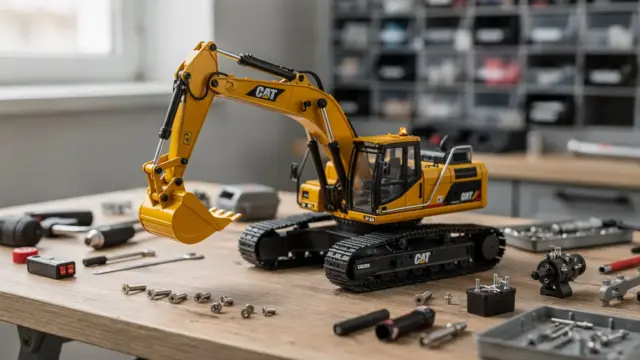RC-Bagger auf der Werkbank im Modellbau als Beispiel für die RC Bagger Funktion