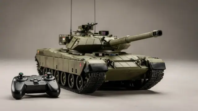 RC-Panzer mit drehbarem Turm und Kanone auf einem Tisch als Erklärung der Turret-Funktion