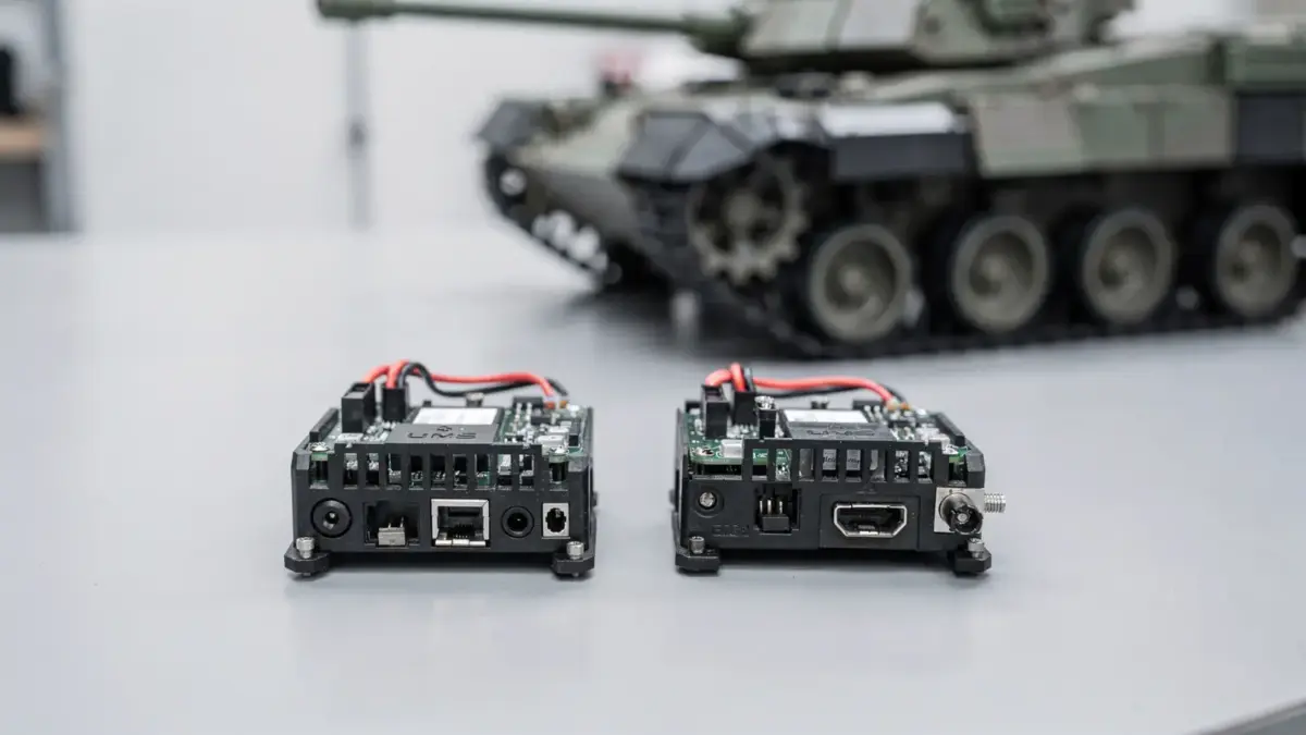 RC Panzer Soundmodul und Rauchmodul auf Werkbank neben ferngesteuertem Panzer