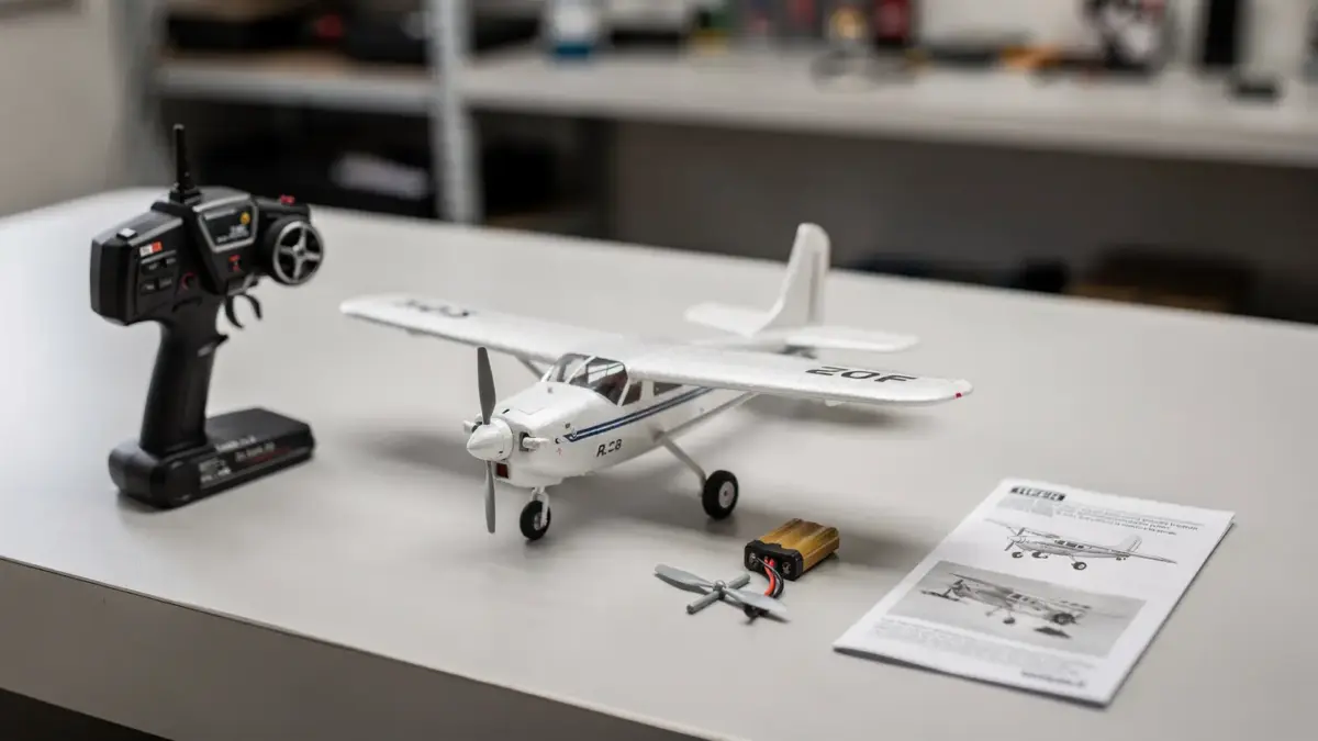 RC Flugzeug für Anfänger mit Sender, Akku und Zubehör auf einem Werkbank-Tisch