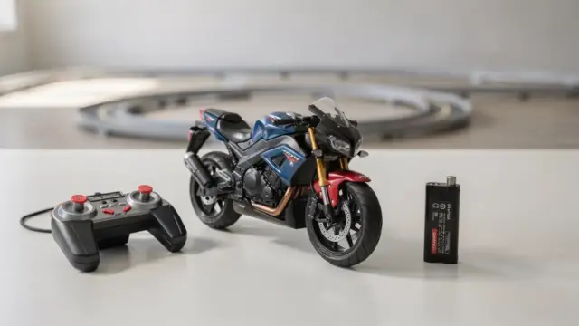 RC Motorrad für Anfänger mit Fernsteuerung und Zubehör auf einem Tisch