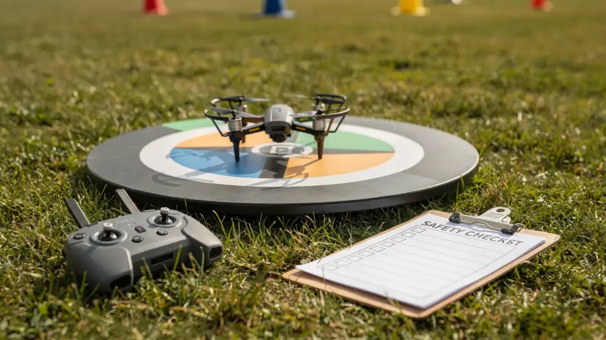 RC-Drohne, Sender und Landepad für sicheres Fliegen im Freien