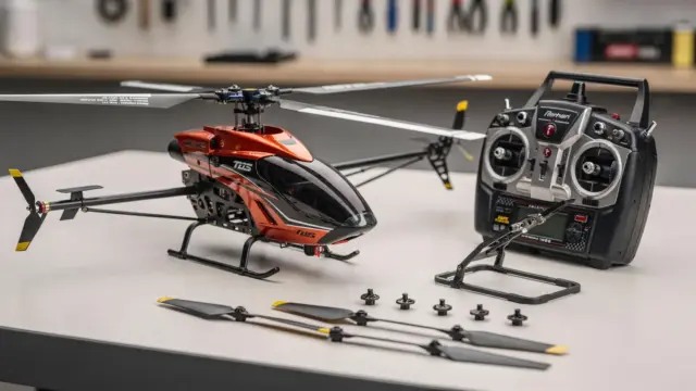 RC-Helikopter mit Sender und Rotorbauteilen zur Erklärung von Pitch und Roll