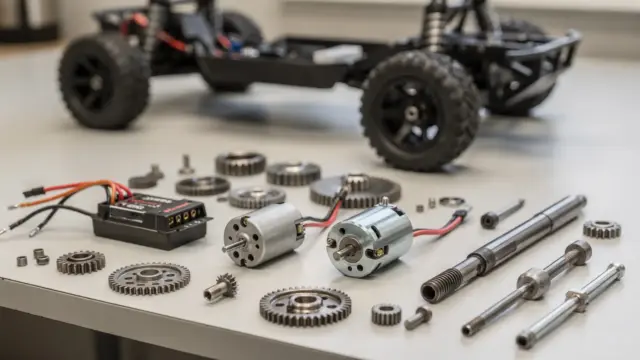 RC-Truck-Antrieb mit Bürstenmotor und Brushless-Motor auf Werkbank zum Vergleich