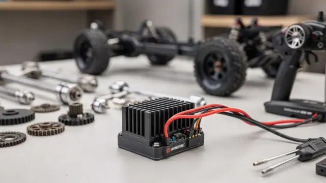 RC Truck Fahrtenregler auf der Werkbank neben schweren Modell-Lkw-Komponenten und Verkabelung