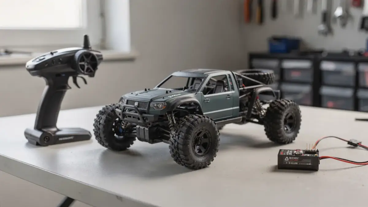 RC Truck mit 2,4-GHz-Fernsteuerung auf Werkbank für den Artikel zur Funktechnik