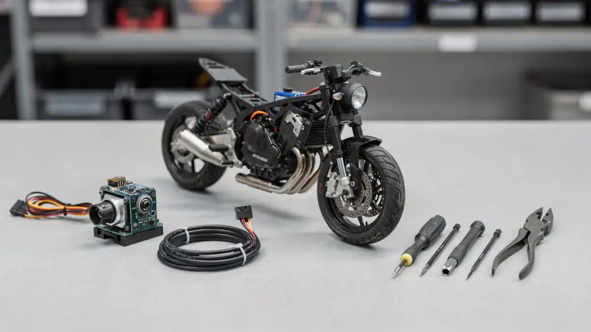 RC Motorrad Gyro auf Werkbank beim Einstellen mit Fernsteuerung und Zubehör