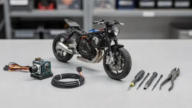 RC Motorrad Gyro auf Werkbank beim Einstellen mit Fernsteuerung und Zubehör